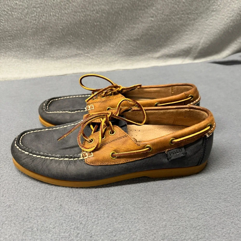 Polo Ralph Lauren Boat Shoes Mens 9 D Bienne II Navy Blue‎ Tan Leather Loafers